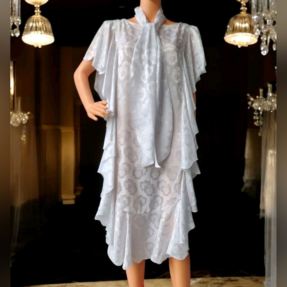 Vintage Miss Ashlee White Floral Jacquard Pattern Ruffle Dress & Scarf Tie Sz 8